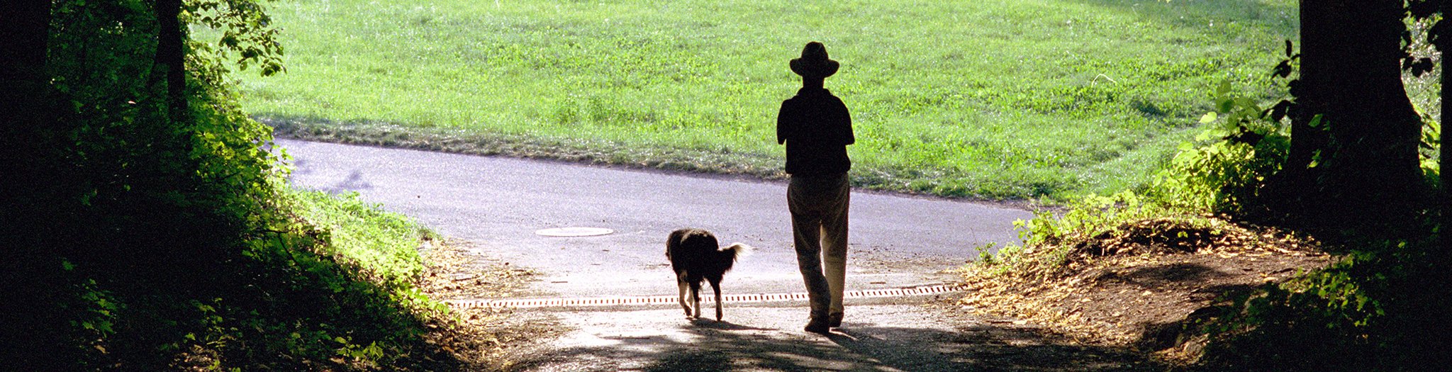 Das Bild zeigt einen Menschen mit Conterganschädigung mit Hund in grüner Landschaft