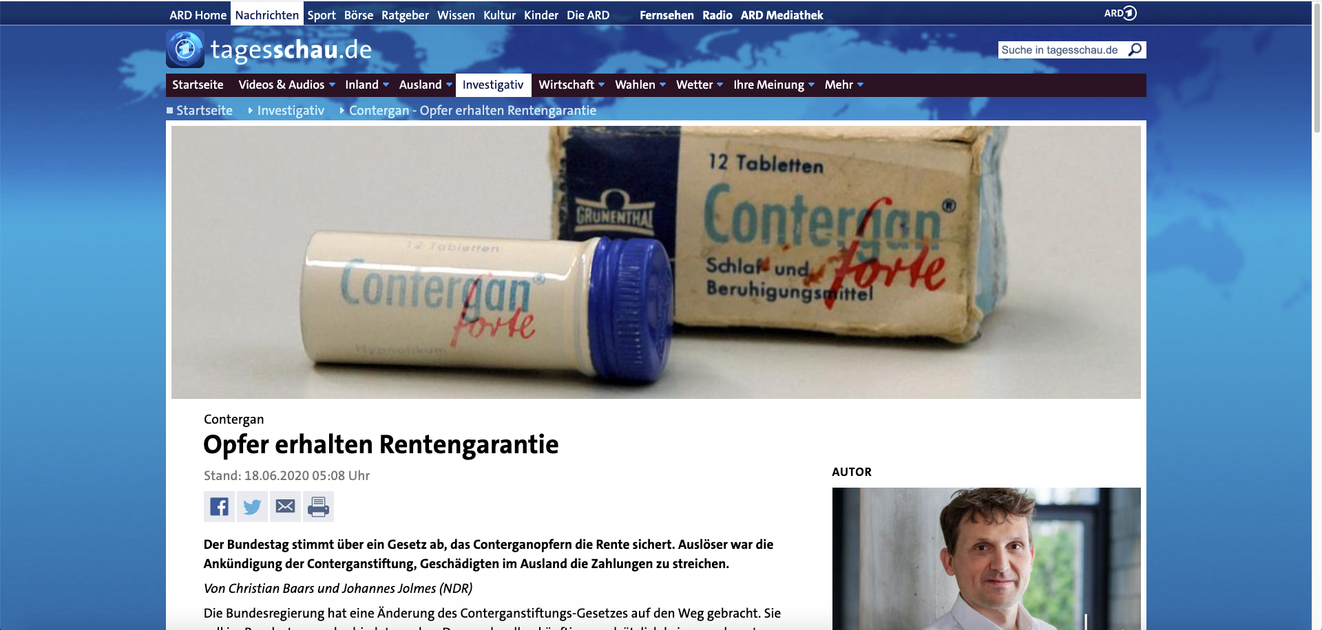Das Bild zeigt einen Artikelausschnitt bei tagesschau.de zum Thema Conterganrente.