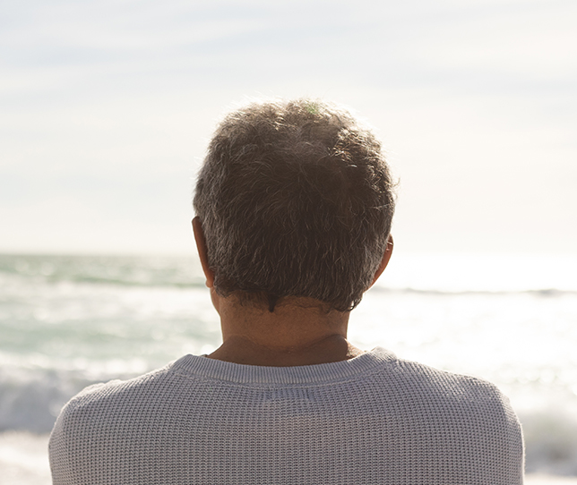 Das Bild zeigt eine Person von hinten mit Blick aufs Meer